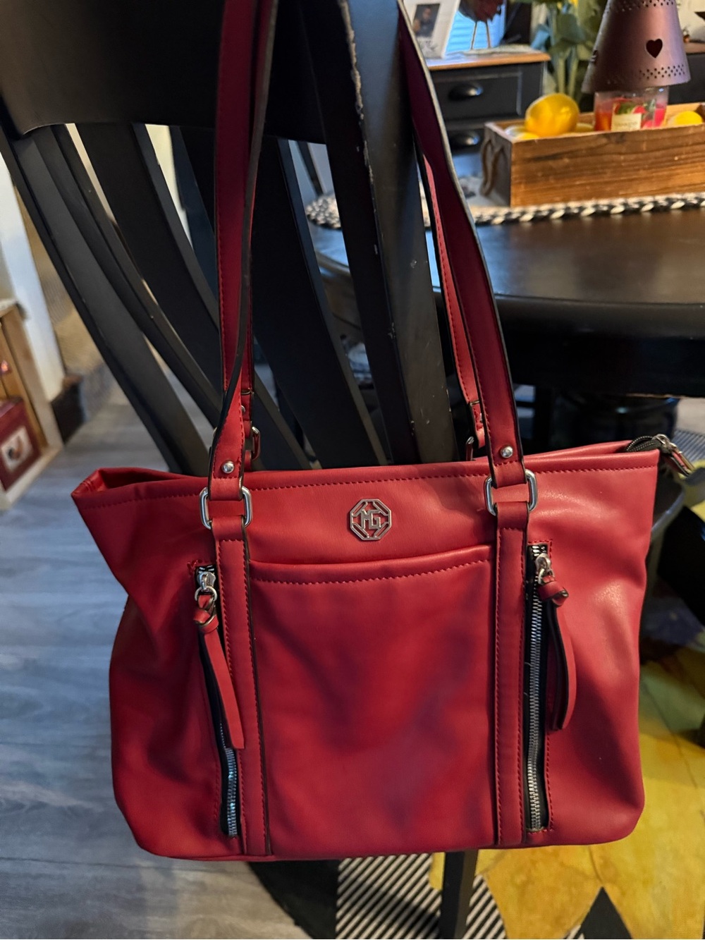 Women's Red Shoulder Tote with Front Zip Accents